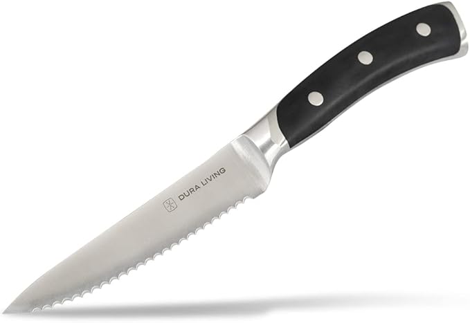 DURA LIVING 8-Piece Serrated Kitchen Steak Knife Set – Forged High Carbon Stainless Steel, Ultra Sharp, Ergonomic Black Handles, Durable Dinner Knives, Black Handle