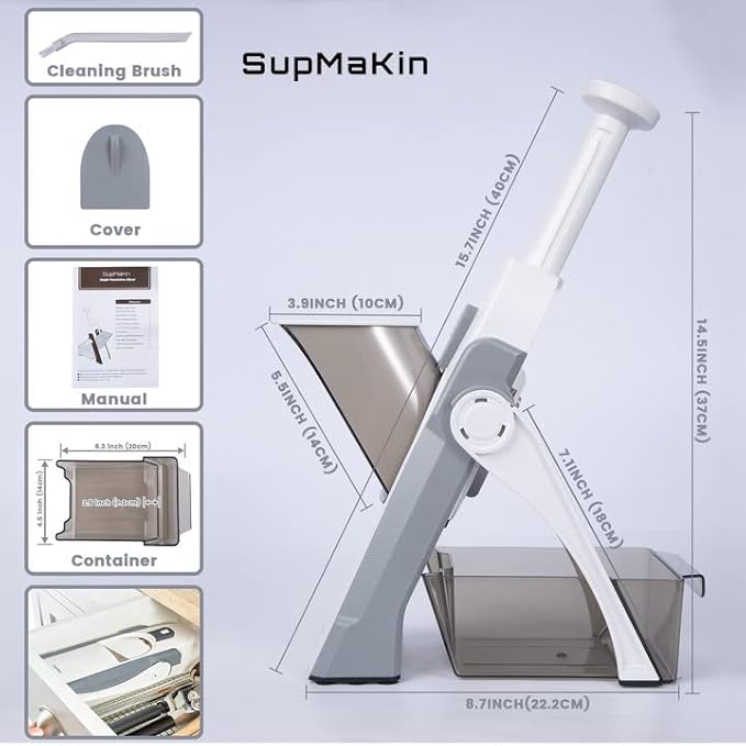 SupMaKin Safe Mandoline Slicer, Potato Slicer Maual Vegetable Chopper Adjustable Thickness Food Cutter, Kitchen Chopping Artifact for Cooking Meal Prep (Gray)