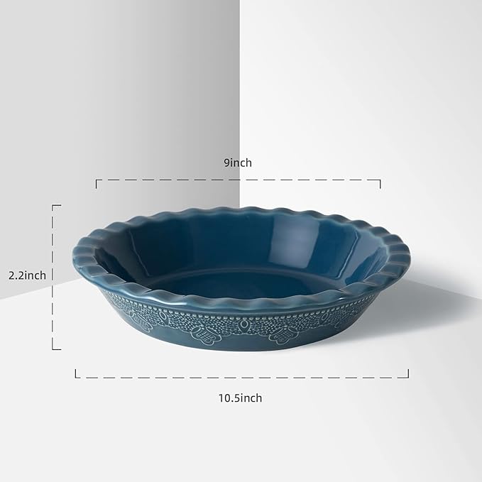 Fun Elements Pie Pan, 9 Inch Ceramic Pie Dish, Deep Dish Pie Pan with Lace Emboss, Ruffled Pie Plate for Baking, Thanksgiving Christmas Gifts, Set of 2, Blue