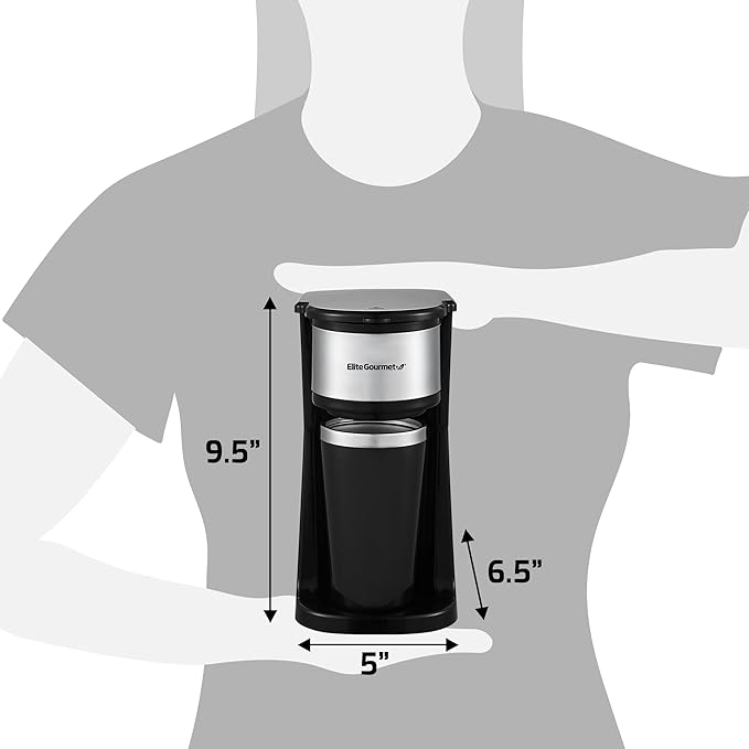 Elite Gourmet EHC112 Personal Single-Serve Compact Coffee Maker Brewer Includes 14Oz. Thermal Travel Mug with Stainless Steel Interior, Compatible with Coffee Grounds, Reusable Filter, Black