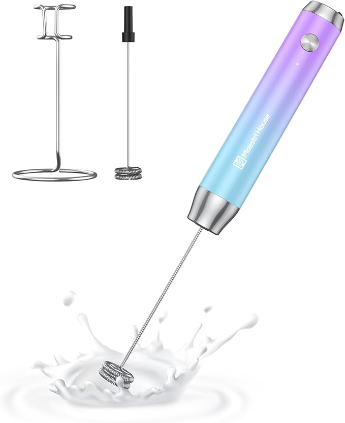 Maestri House Rechargeable Milk Frother with Stand, LunaFro Handheld Electric Foam Maker Waterproof Detachable Stainless Steel Whisk Drink Mixer Foamer for Lattes, Cappuccino
