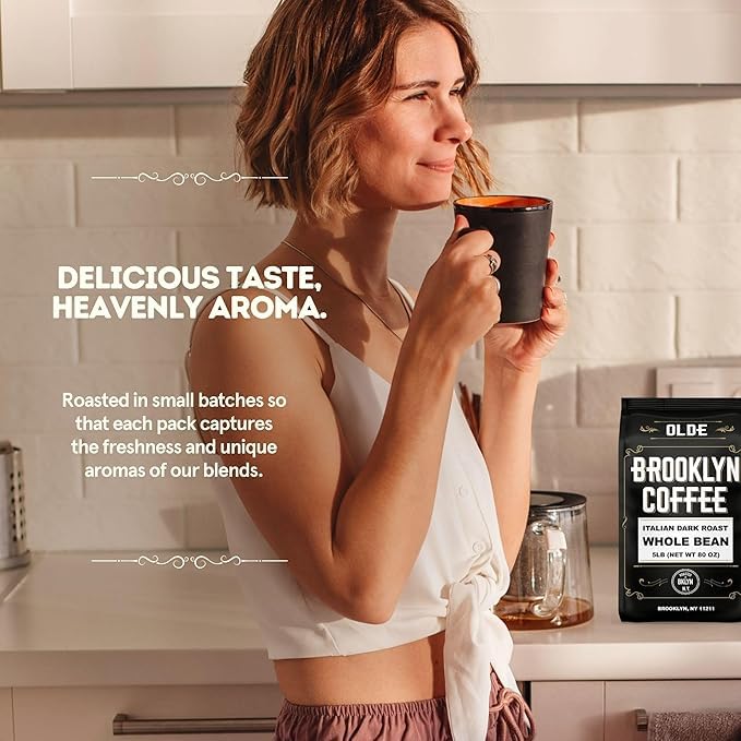 BROOKLYN COFFEE Whole Bean, Italian Dark Roast (5lb) Extra Strong, Delicious Taste, Heavenly Aroma - Fresh Bulk Coffee Beans Roasted Weekly in NYC