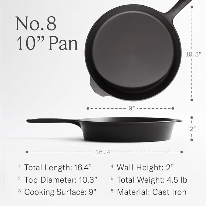 Field Cast Iron Starter Set -10.25 Inch Cast Iron Skillet with Cleaning Kit: Natural Fiber Brush, Chain Mail Scrubber & Organic Seasoning Oil – Lightweight, Preseasoned, Made in USA, Vintage Design