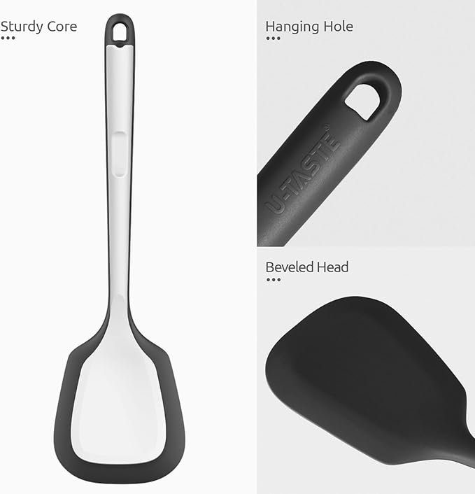 600ºF Heat Resistant Silicone Turner: U-Taste 13.6in Long Solid & Slotted Thick Kitchen Spatula Flipper, Large Flexible Cooking Utensil for Flipping Egg in Nonstick Cookware (Classic Black, 2PCS)