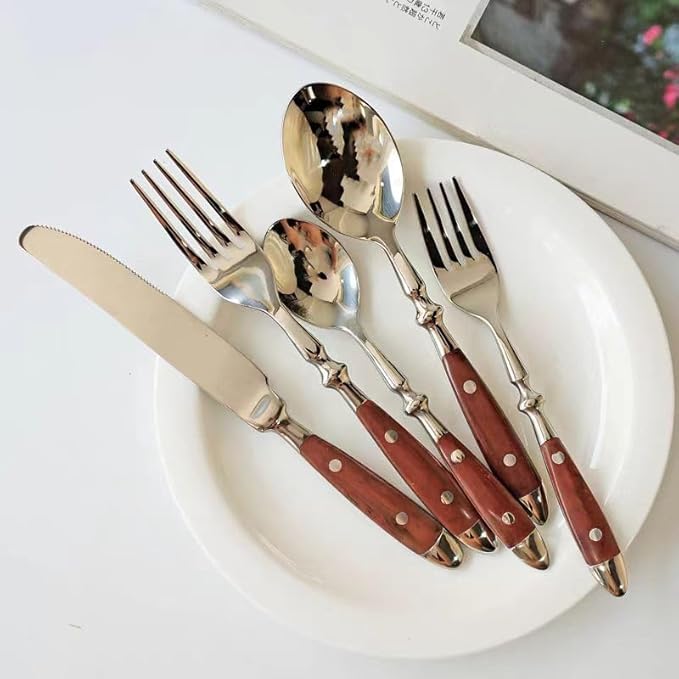 20-Piece Silverware Set Service for 4 with Two Rivets, Vintage Flatware Set, Stainless Steel Cutlery Set with Wood Grain Bakelite Handle,Dishwasher Safe, Light Brown Color