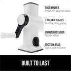 GORILLA GRIP BPA-Free Rotary Cheese Grater Hand Crank, Easy to Set Up, Strong Suction Base for Kitchen Countertop, Shred Potato, Vegetable, Nuts in Seconds, Round Mandoline Slicer, 3 Blades, White