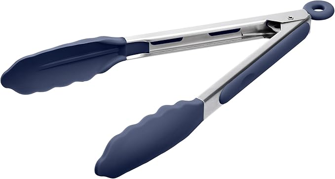 Doosu Kitchen Tongs for Cooking - 600°F Heat Resistant Food Tong with Non-Scratch Silicone Tips, Heavy Duty Stainless Steel Locking Tong for BBQ, Grilling Steak, Serving Salad Pasta (9in, Navy Blue)
