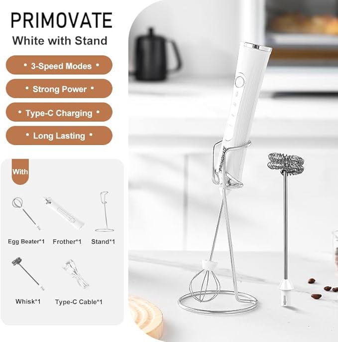 Rechargable Milk Frother, Handheld Drink Mixer with Whisk Attachment, 2025 upgraded, powerfull 3 speed motor, Type C charging with charge light, with extra egg mix head (White with Stand)