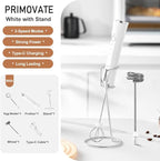 Rechargable Milk Frother, Handheld Drink Mixer with Whisk Attachment, 2025 upgraded, powerfull 3 speed motor, Type C charging with charge light, with extra egg mix head (White without Stand)