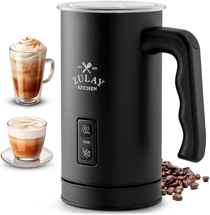 Zulay 4-in-1 Milk Frother & Steamer – Hot & Cold Foam Maker, Milk Warmer & Chocolate Stir – Automatic Temp Control, Nonstick Double-Wall Stainless Steel Jug, Auto Shut Off, 360° Base – Aero Black