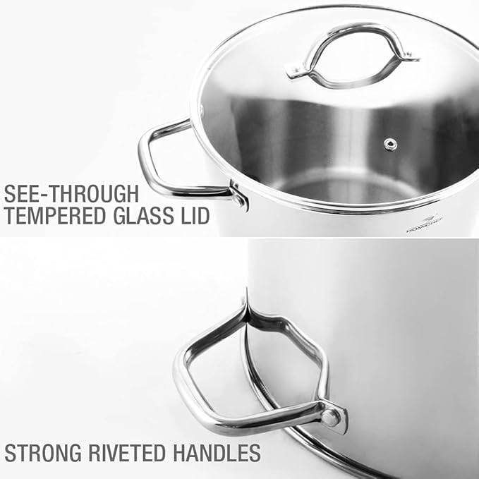 HOMICHEF 16 Quart LARGE Stock Pot with Glass Lid - NICKEL FREE Stainless Steel Healthy Cookware Stockpots with Lids 16 Quart - Mirror Polished Induction Cooking Pot