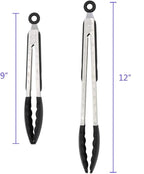 2 Pack Black Kitchen Tongs, Premium Silicone BPA Free Non-Stick Stainless Steel BBQ Cooking Grilling Locking Food Tongs, 9-Inch & 12-Inch