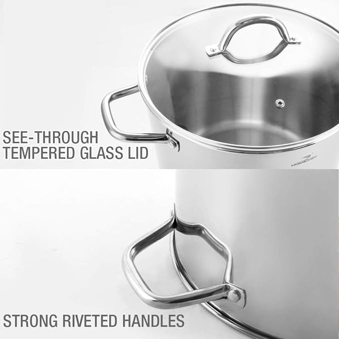HOMICHEF 10 Quart Stock Pot With Glass Lid - Nickel Free Stainless Steel 10 Qt Pots With Handle - Mirror Polished StockPot 10 Quart - Induction Cooking Pots With Lid - Healthy Soup Pot