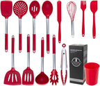 Kitchen Utensils Set, 14 Pcs Silicone Cooking Utensils Set with Holder and Heat Resistant Stainless Steel Handle for Nonstick Cookware - Black