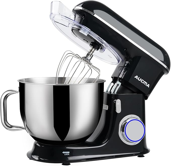 Aucma Stand Mixer,8.5QT 900W Tilt-Head, Large Capacity Kitchen Electric Mixer with Dough Hook, Wire Whip & Beater (Black, 8.5QT)
