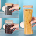 Glass Storage Canister with Wooden Lid, Set of 7 Square Glass Jars with Bamboo Lids, Glass Food Storage Containers for Pasta, Cereal, Flour, Sugar, Best for Kitchen & Pantry