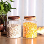 Glass Storage Jars with Airtight Lids, Set of 2 42 FL OZ (1250ml) coffee container with Wooden Lid, Glass Pantry Canister for Beans, Rice, Sugar and etc (6.3 inch high)