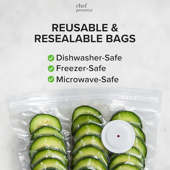 Chef Preserve Reusable Vacuum Sealer Bags for Food – 30 BPA-Free XL Large (12 x 20 in) Food Storage Bags, Freezer, Microwave – Odor-Resistant, Leak-Proof – Compatible with Chef Preserve Vacuum Sealers