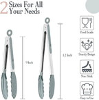 TeamFar Kitchen Tongs, 9" and 12" Stainless Steel Cooking Tongs with Silicone Tips for Cooking Grilling Serving & BBQ, Heat Resistant Silicone Tongs, Locking Design & Dishwasher Safe, Set of 2 & Grey