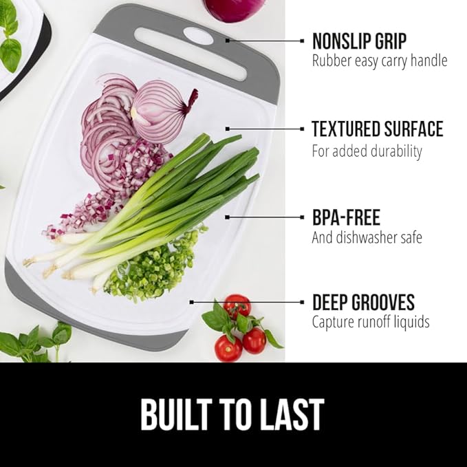 GORILLA GRIP BPA-Free Reversible Kitchen Cutting Board Set of 3, Nonporous, Juice Grooves to Catch Liquid, Slip Resistant Handle Border, Dishwasher Safe, Durable Large Food Chopping Boards, Gray