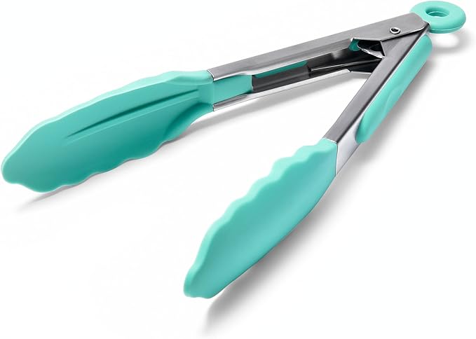 Doosu Kitchen Tongs for Cooking - 600°F Heat Resistant Food Tong with Non-Scratch Silicone Tips, Heavy Duty Stainless Steel Locking Tong for BBQ, Grilling Steak, Serving Salad, Pasta (7in, Aqua Sky)