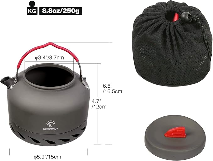 REDCAMP 1.4L Outdoor Camping Kettle with Heat Exchanger, Aluminum Camp Tea Kettle with Carrying Bag, Compact Lightweight Coffee Pot