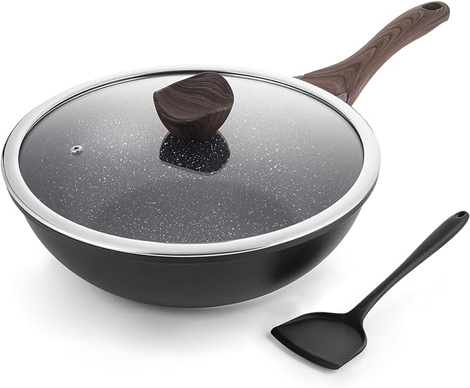 Kordisen Nonstick Wok with Lid, 12 Inch Woks & Stir-fry Pans, Granite Stone Coating for Cooking, Induction Cookware, Compatible with All Stovetops, PFOA Free