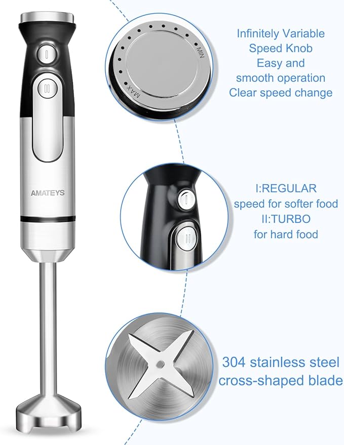Handblender with Plug,Immersion Blender Handheld, Heavy-Duty Copper Motor, Detachable Stainless Blade Dishwasher Safe, 2 Modes with Pulse,Infinitely Variable Speed, Space-Saving Design
