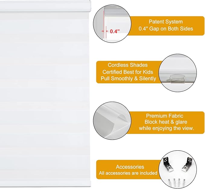 Persilux Cordless Zebra Blinds for Indoor Windows, Free-Stop Zebra Blinds Cordless, Light Filtering Sheer Shades Dual Layer for Day and Night, Zebra Roller Shades for Home (22.5" W X 64" H, White)