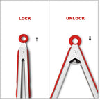 304 Stainless Steel Kitchen Cooking Tongs, 9" and 12" Set of 2 Sturdy Grilling Barbeque Brushed Locking Food Tongs with Ergonomic Grip, Red