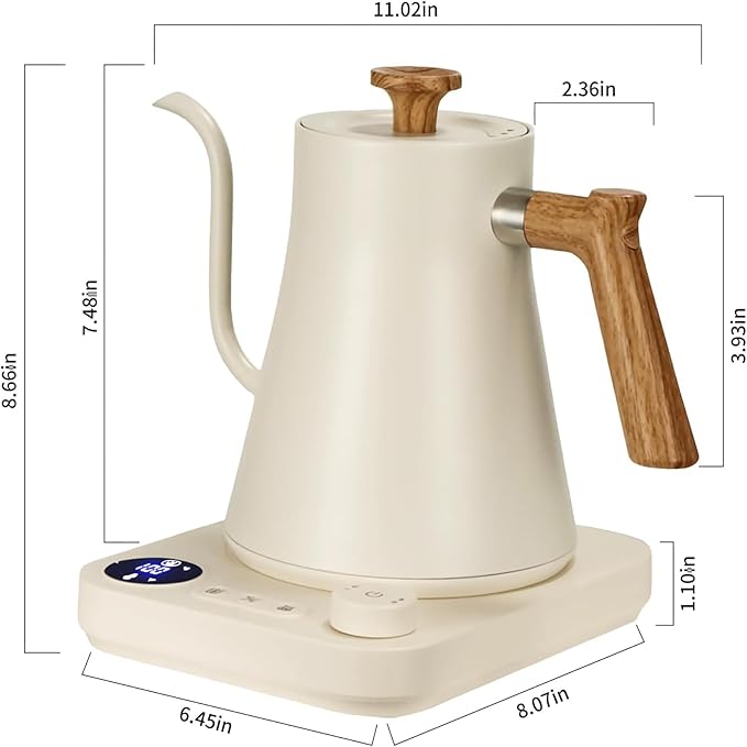 Gooseneck Electric Kettle,Electric Kettles, ±1℉ Temperature Control, Ultra-Quiet 304 Stainless Steel, for Coffee, Tea & Milk, Auto Boil Detection, 8 Safety Protections & Memory Function(white, 0.9L)