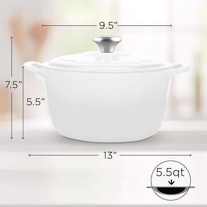 Signature Enameled Cast Iron Dutch Oven, Non-Stick Serving Pot with Tight Fitting Lid for Perfect Roasting, Baking, Sauteing, and Bread Making | 5.5Q (5.2L) - White