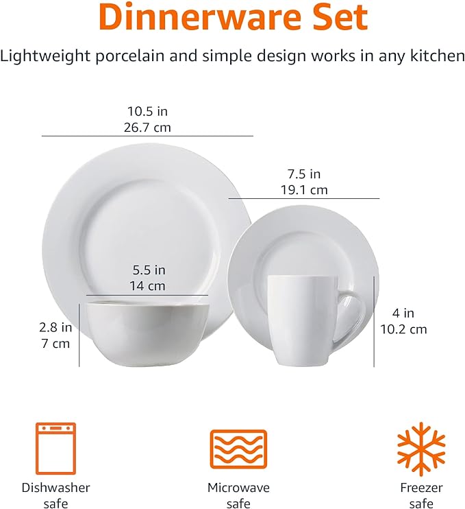 Amazon Basics 16-Piece Porcelain Kitchen Dinnerware Set with Plates, Bowls and Mugs, Service for 4 - White