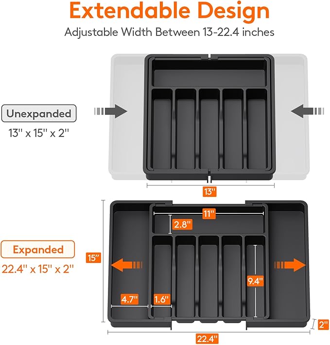 Lifewit Large Silverware Drawer Organizer, Expandable Utensil Tray for Kitchen, BPA Free Flatware and Cutlery Holder, Adjustable Plastic Storage for Spoons Forks Knives, Large, Black