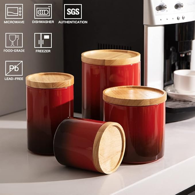 Sweejar Ceramic Food Storage Jar, Stackable Kitchen Canisters, Containers with Airtight Seal Wooden Lid for Serving Coffee Bean, Flour, Tea, Cookies, Spice and More - 58 Fl Oz (Gradient Red)