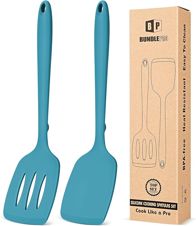 Pack of 2 Silicone Spatula Turners, Non Stick Slotted Kitchen Spatula Set, Heat Resistant BPA Free Kitchen Utensils, One-Piece Design, Suitable for Flipping Fish, Eggs, Steak, Pancakes(BLUE)