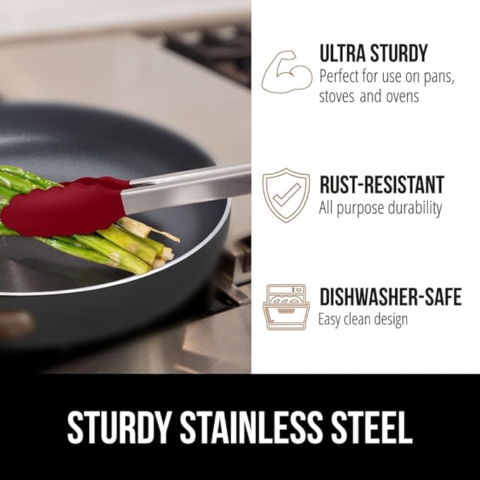 GORILLA GRIP Stainless Steel Heat Resistant Kitchen Tongs for Cooking, Set of 2 BBQ Tong, Non Scratch Silicone Tip for Pans, Strong Grip, Grab Food, Toss Salad, Air Fryer, Pull Lock, 7 + 9 Inch, Red