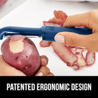 GORILLA GRIP Patented BPA-Free Sharp Stainless Steel Dual Swivel Vegetable Peeler, Soft Comfortable Handle, Smoothly Peel Apples, Potatoes, Carrots, Includes Blade Cover, Kitchen Tool Peelers, Blue