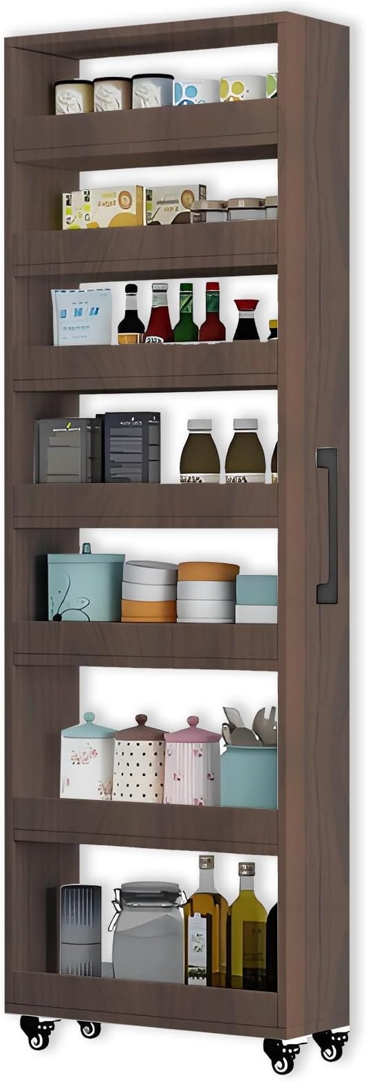 7-Tier Slim Storage Cart, Wooden Rolling Pantry Cabinet with Wheels, Narrow Shelf Organizer for Kitchen, Bakers Rack, Dining Room, Closet, Small Spaces Teak 73.2" H*9.8" W*23.6" D
