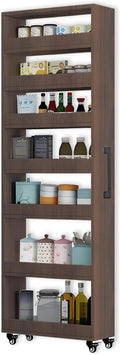 7-Tier Slim Storage Cart, Wooden Rolling Pantry Cabinet with Wheels, Narrow Shelf Organizer for Kitchen, Bakers Rack, Dining Room, Closet, Small Spaces Teak 47.2" H*5.9" W*16.9" D