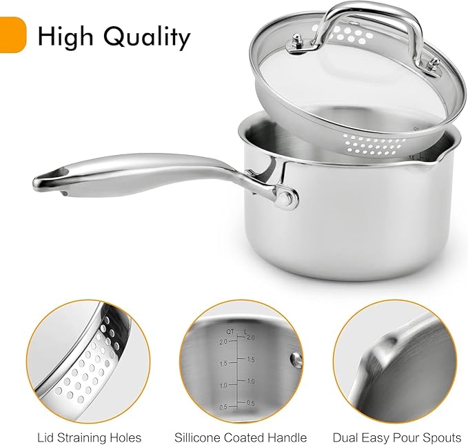 Tri-Ply Stainless Steel Sauce Pan with Steamer Basket & Straining Glass Lid — Heavy-Duty,Thick Base,Rust-Resistant,Warp-Free —100% Food-Grade —Built to Last– Works with All Stovetops, Pasta Pot 2.5 QT