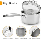 Tri-Ply Stainless Steel Sauce Pan with Steamer Basket & Straining Glass Lid — Heavy-Duty,Thick Base,Rust-Resistant,Warp-Free —100% Food-Grade —Built to Last– Works with All Stovetops, Pasta Pot 2.5 QT