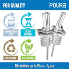 3-in-1 Liquor Pour spout with Built-in Fruit Fly Protection - BPA Free & Dishwasher Safe Hygienic Alcohol Speed Spouts - Also for Olive Oil, Juice, Syrup. Silver 2 Pack