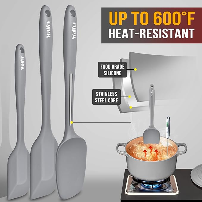 Walfos Silicone Spatula -5 Pieces Heat Resistant Kitchen Spoon Spatulas(600°F), Strong Steel Core and One-Pieces Seamless Design, Prefect for Cooking Mixing Baking - BPA Free and Dishwasher Safe,Gray