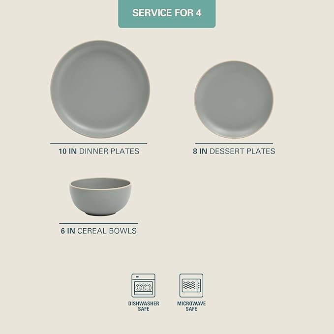 Gibson Home Rockaway 12-Piece Dinnerware Set Service for 4, Grey Matte -