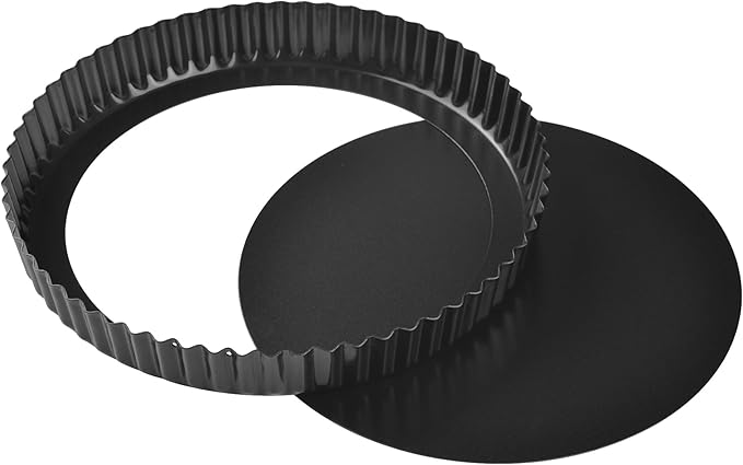 10-Inch Round Tart Pan with Loose Removable Bottom, Non-Stick Carbon Steel Quiche Pan for Oven Baking (Black)