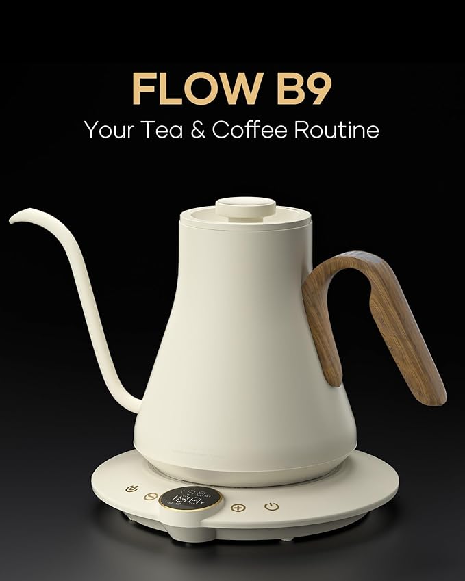 Cocinare FLOW B9 Gooseneck Electric Kettle, Precise Temperature Control for Pour-Over Coffee & Tea Brewing, Stainless Steel Interior, Rapid Heating for Boiling Water 1500W/0.9L (Morandi White)