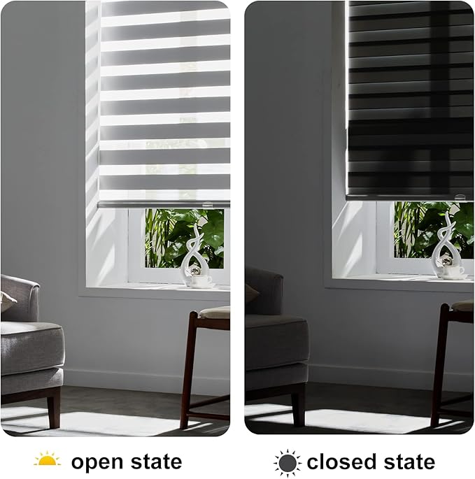 Persilux Cordless Zebra Blinds for Windows Free-Stop Roller Windows Shades (24" W X 72" H, Grey) Dual Layer Light Control for Day and Night, Light Filtering Sheer Shades for Home, Bedroom