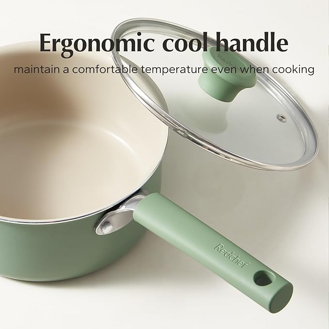 Redchef Ceramic Nonstick Saucepan with Lid, 1.5QT Small Cooking Pot, Non Toxic Sauce Pans for Kitchen, Cool Handle PFAS Free Compatible with All Cooktops, Green