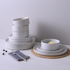 Famiware Nebula Dinnerware Set with Pasta Bowls, Service for 4 (16pcs), Fine Stoneware Plates and Bowls Sets, Microwave and Dishwasher Safe Dishes Set, Light Gray